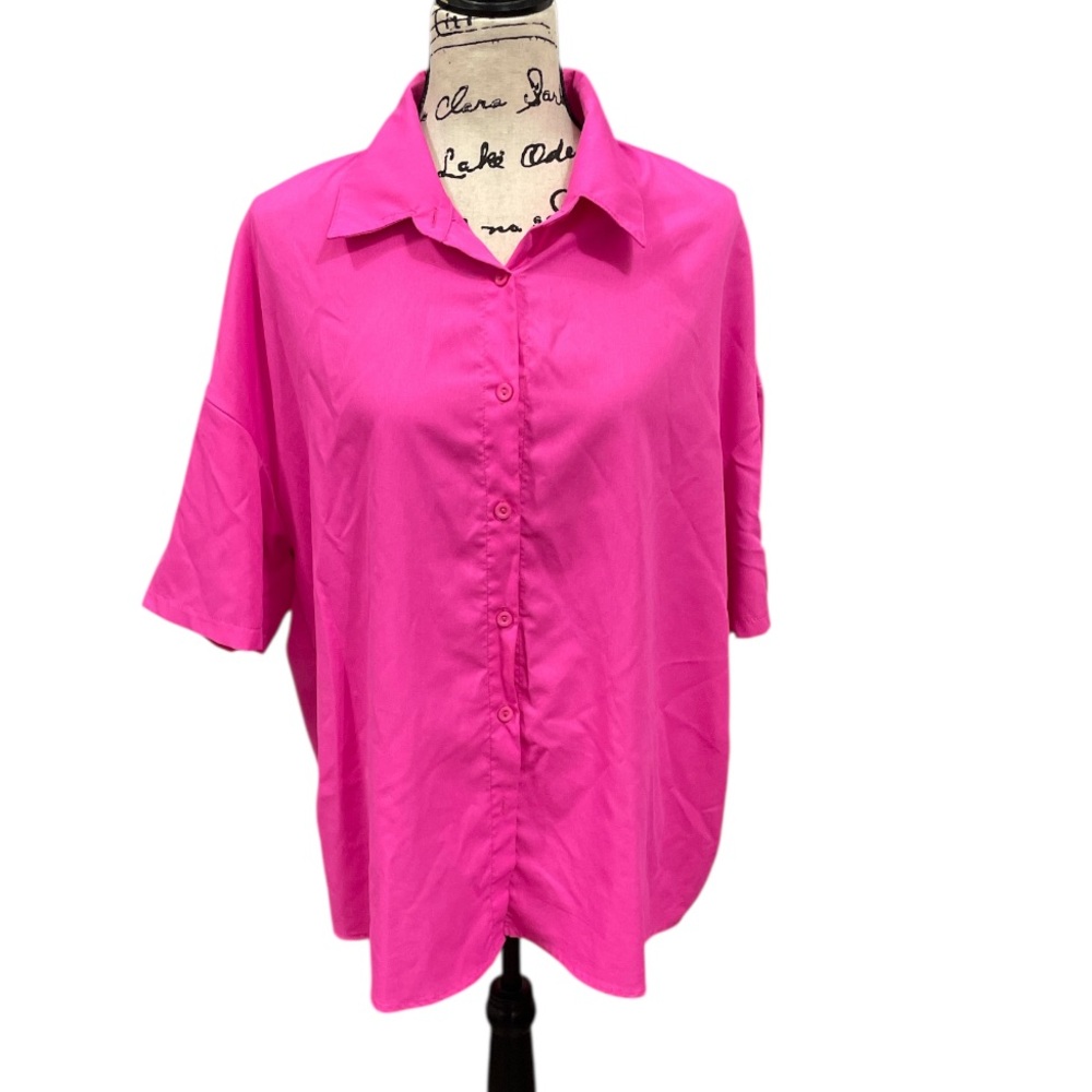 SHEIN Pink Button Up Blouse Womens XL Short Sleeve Collared Shirt